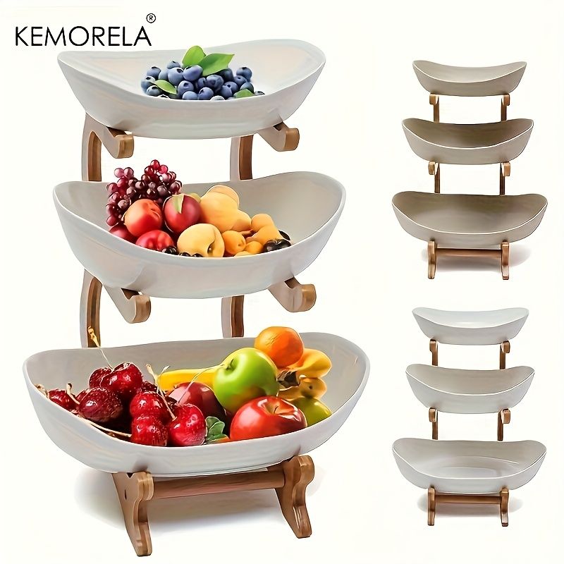 3-Tier Fruit & Vegetable Basket "TrioVerde" – Wooden Legs & Removable Bowls — White
