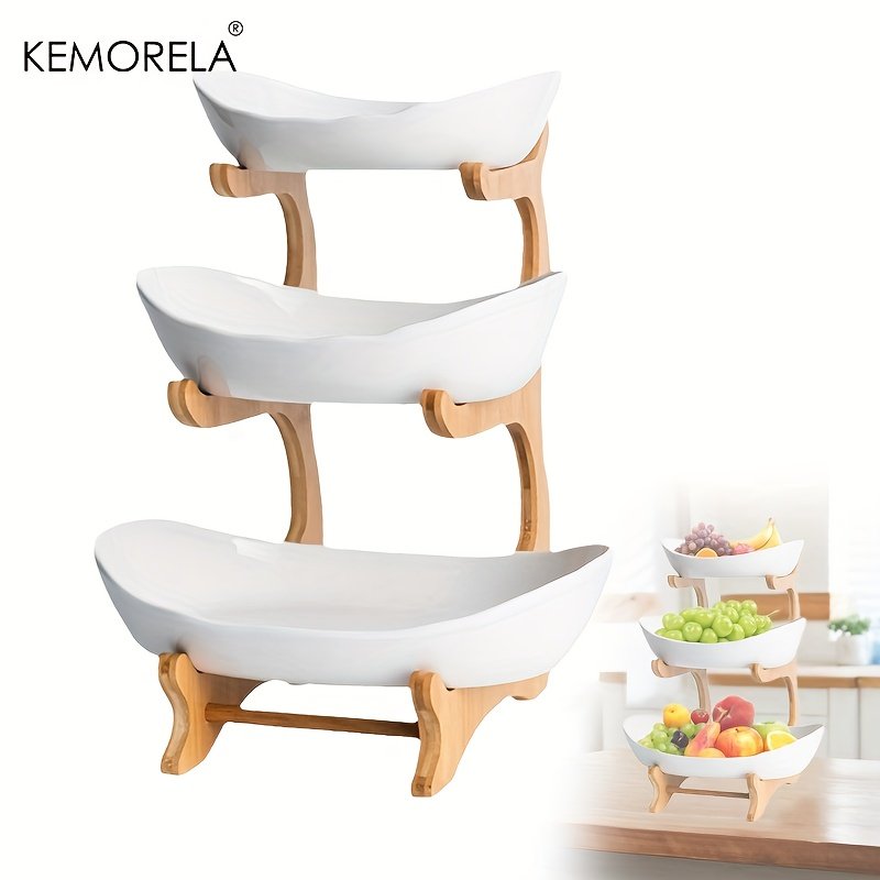 Corbeille à Fruits & Légumes 3 Étages « TrioVerde » – Pieds en Bois & Coupelles Amovibles — Blanc (2/4)