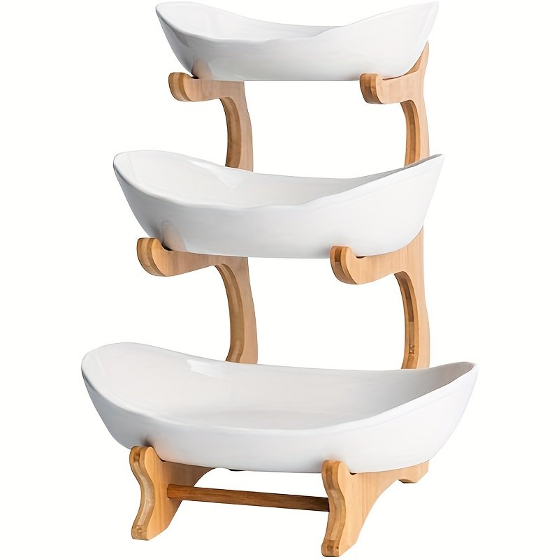 Corbeille à Fruits & Légumes 3 Étages « TrioVerde » – Pieds en Bois & Coupelles Amovibles — Blanc (3/4)
