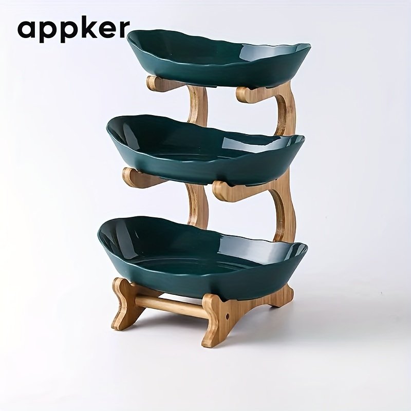 Corbeille à Fruits & Légumes 3 Étages « TrioVerde » – Pieds en Bois & Coupelles Amovibles — Blanc (4/4)