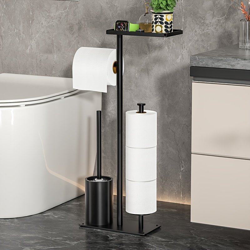 Porte-Papier Toilette « Colonne » – Sur Pied avec Réserve Intégrée — Noir (9/10)