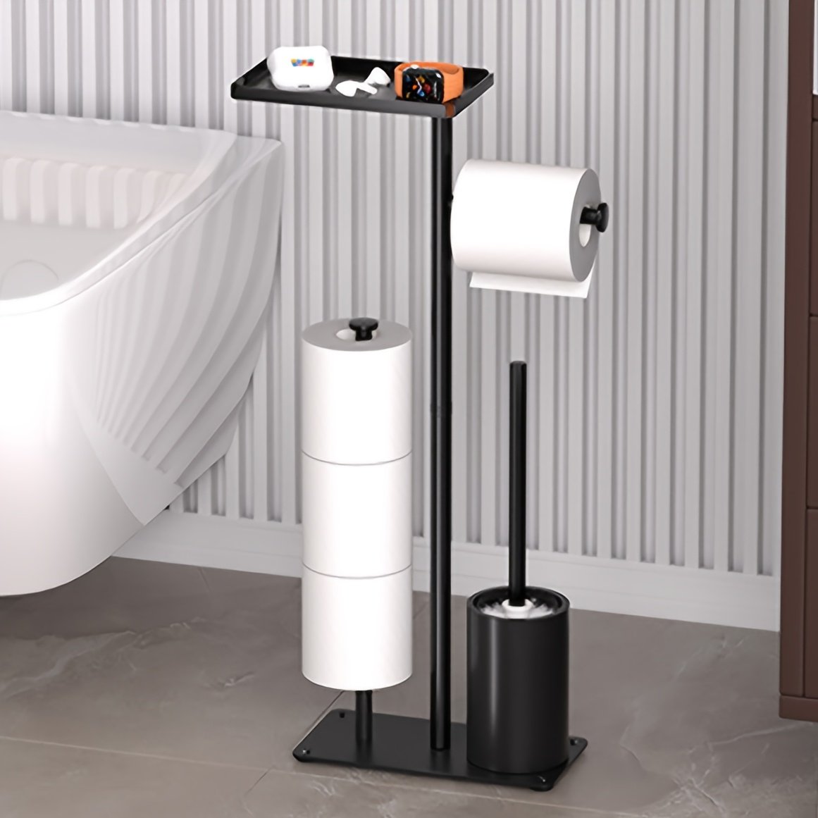 Porte-Papier Toilette « Colonne » – Sur Pied avec Réserve Intégrée — Noir (2/10)