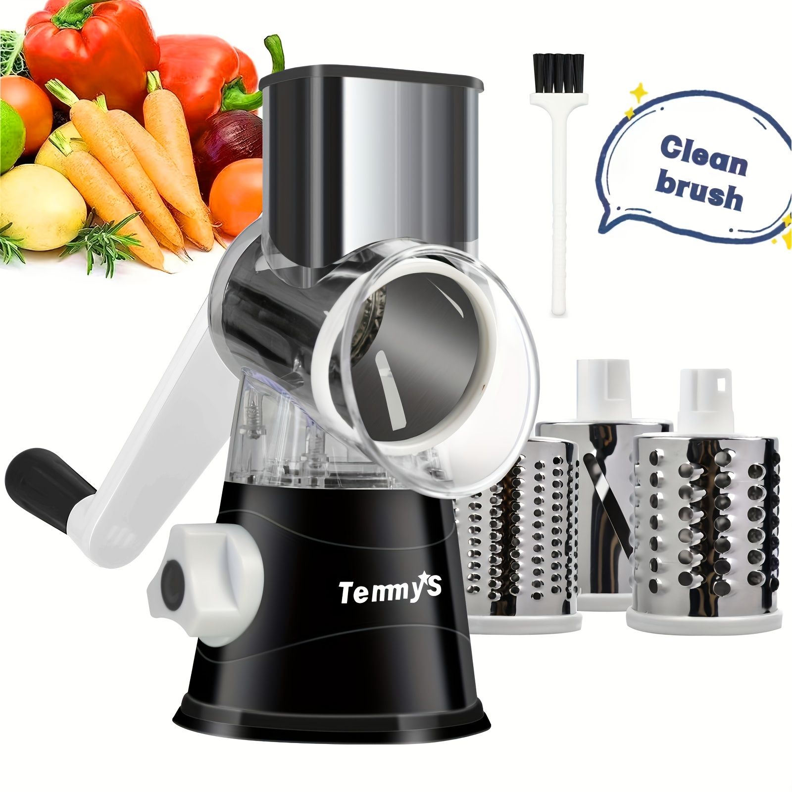 Rotary Grater "RotaFino" – Cheese & Vegetables, 3 Drums + Suction Base — Black